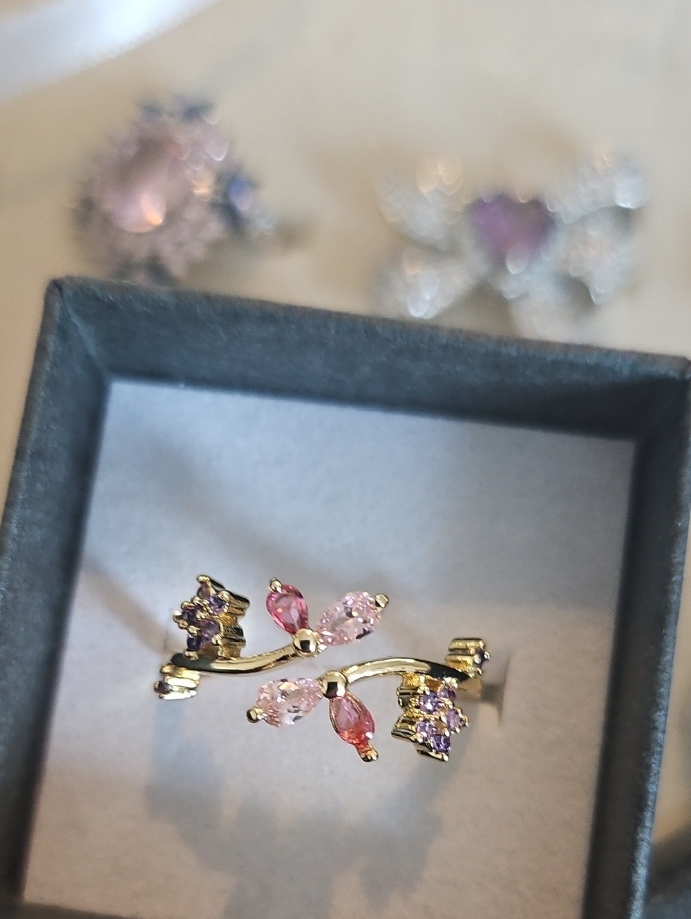 Gold Floral Pink Multi-Stone Free Size Ring